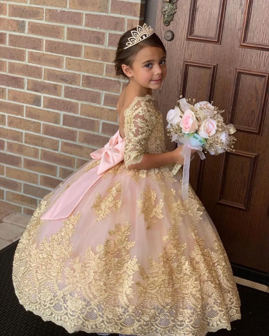 Blush/Gold Flower Girls Dresses 2025 1/2 Long Sleeves & Big Bow Backless Unique Luxury Girls Birthday Dress Full Length Custom Made