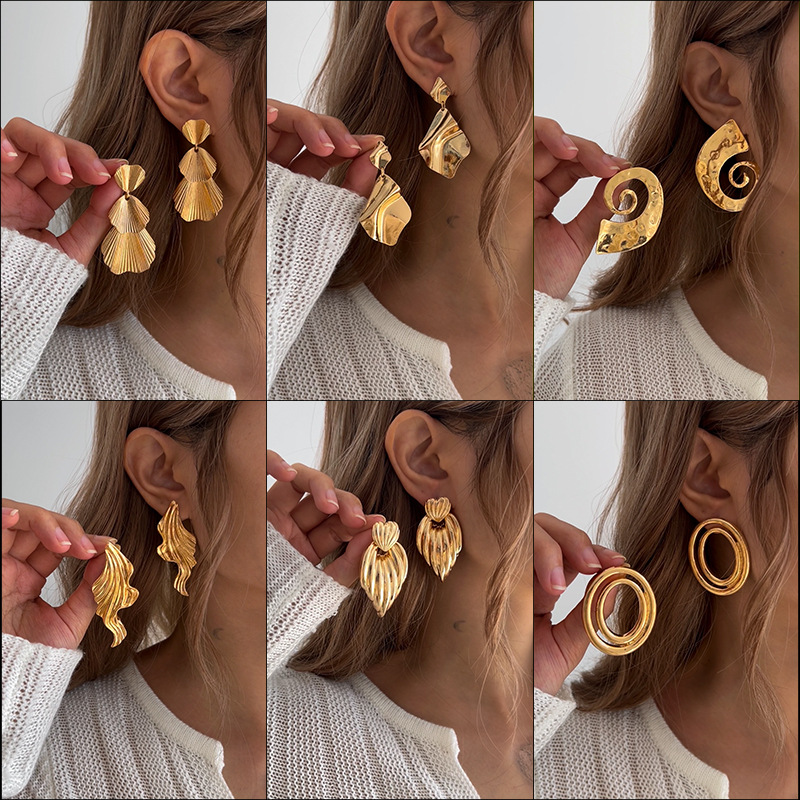 New Style Elegant and Versatile Minimalist Women Liquid Lava Metal Earrings with Geometric Irregular Folds