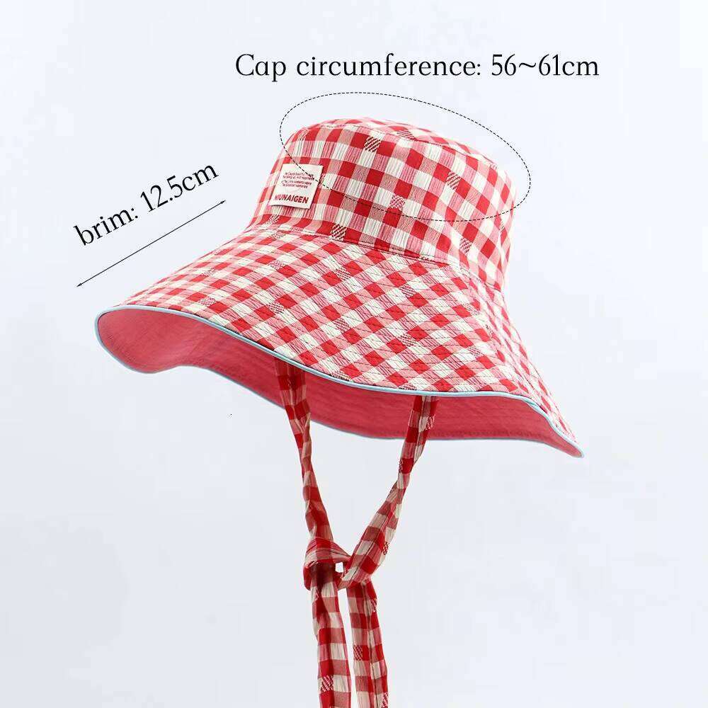 Reversible summer outdoor sun for traveling, lace-up plaid bucket hat, women's large brim, foldable sunshade hat