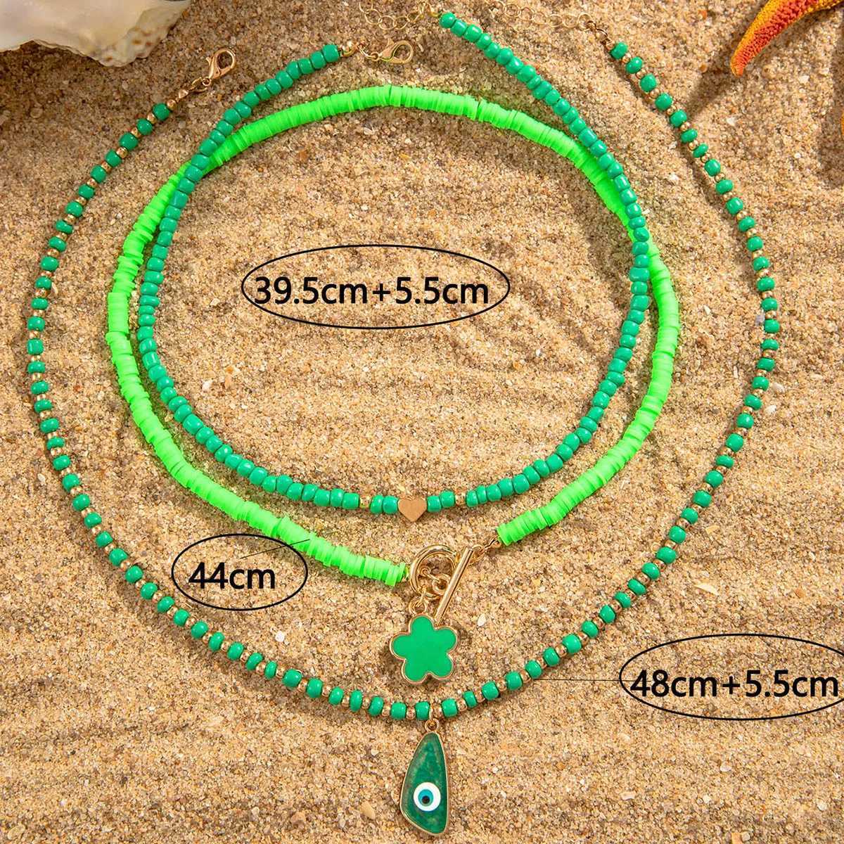 Tocona Bohemia Green Color Bead Flower Pendant Necklace for Women Fashion Summer Adjustable Geometric Beach Jewelry Party GiftXJ250604