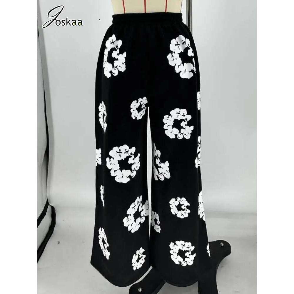 Joskaa Printed Casual Fleece Baggy Trousers Women Hipster Elastic Waist Straight Leg Black Pants 2024 Female Bottoms Streetwear
