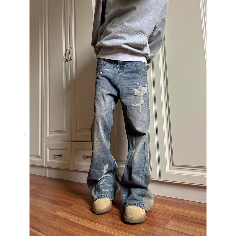 Jeans Women Denim Ripped Streetwear Wide Leg Pants Floor Length Splice Loose Casual Pockets High Waist Straight Trousers 250604