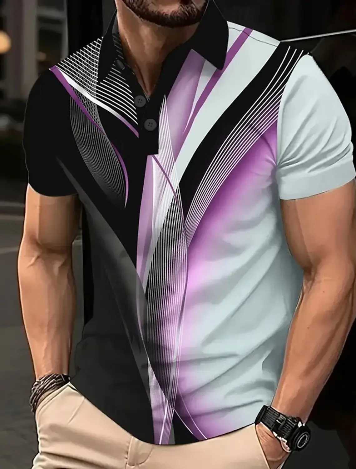 Mens Summer Geometric Line Polo Short Sleeve Polo Shirts Collared Shirts Business Casual School Outdoor Daily Wear 3D PrintXJ250605