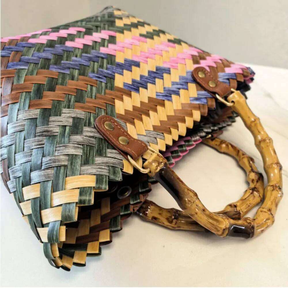 Women's Bags Designer New Retro Colorful Wicker Woven Large Capacity Bamboo Handle Casual Shopping Tote Straw Summer Vacation Beach Bag