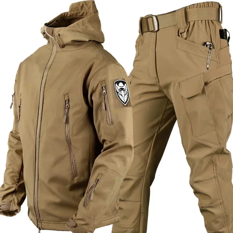 Winter Thicken Men Camo Suit Waterproof Tactical Training Set Multipocket Hooded Jacket Fleece Pants Outdoor Hunting 2piece 250604