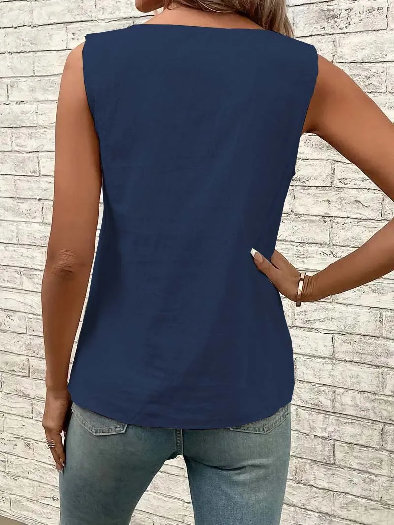 Womens Casual Slanted Neck Sleeveless Regular Pullover Multi-color Womens Top T-shirt 250529