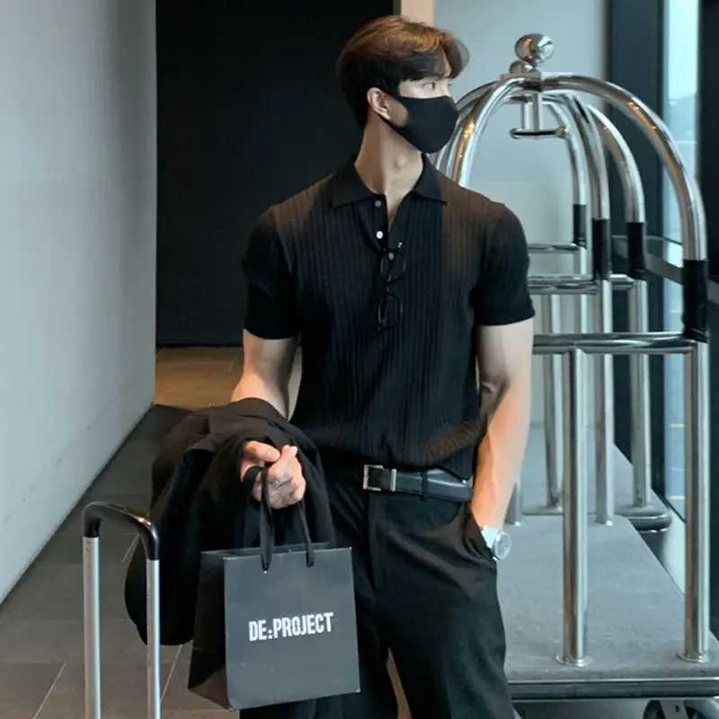 Lapel Polo Shirt Short-sleeved Mens Trendy Brand Loose Casual Summer Thin Solid Color Knitted Sweater T-shirt Base Shirt XJ250605