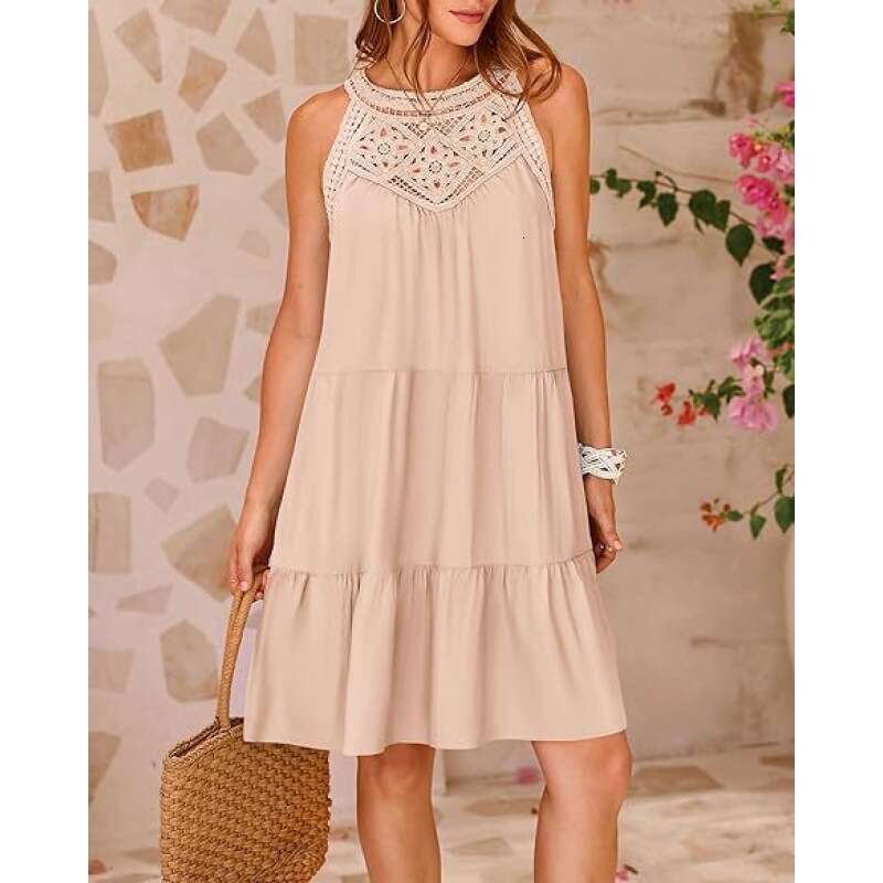 Women's Shein Hollow Out Lace Trim Patchwork Halter A-Line Dress B5