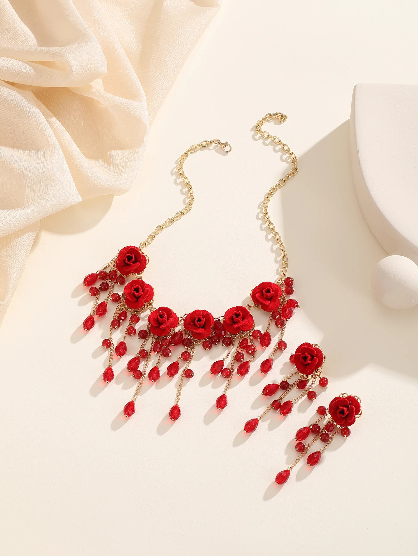 3pcs/set Elegant Vintage Red Rose Crystal Tassel Pendant Necklace and Earrings Romantic Jewelry Set Zinc Alloy Stainless Steel 250530