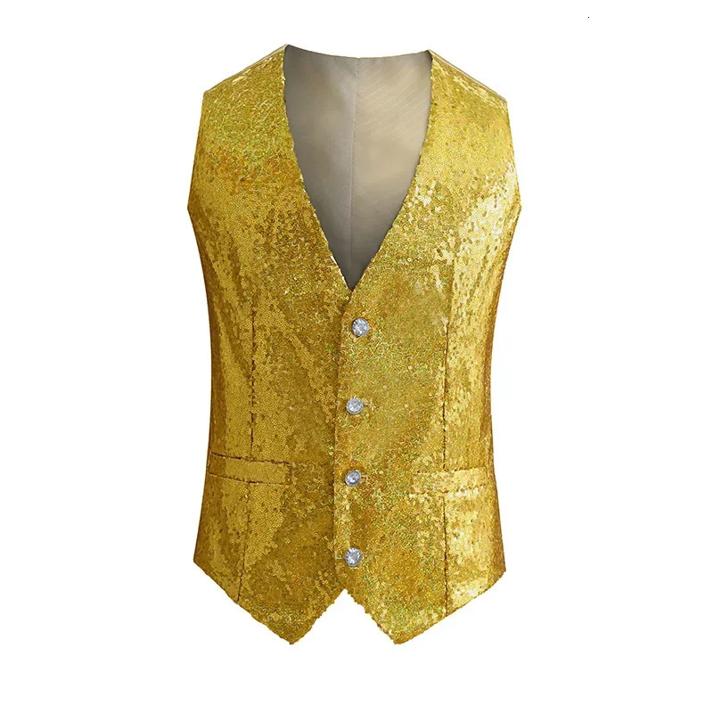 Men Sequin Suit Vest Gold Silver Black Red Fashion Singer Host Pianist Stage Performance Dress Waistcoat 250605Z