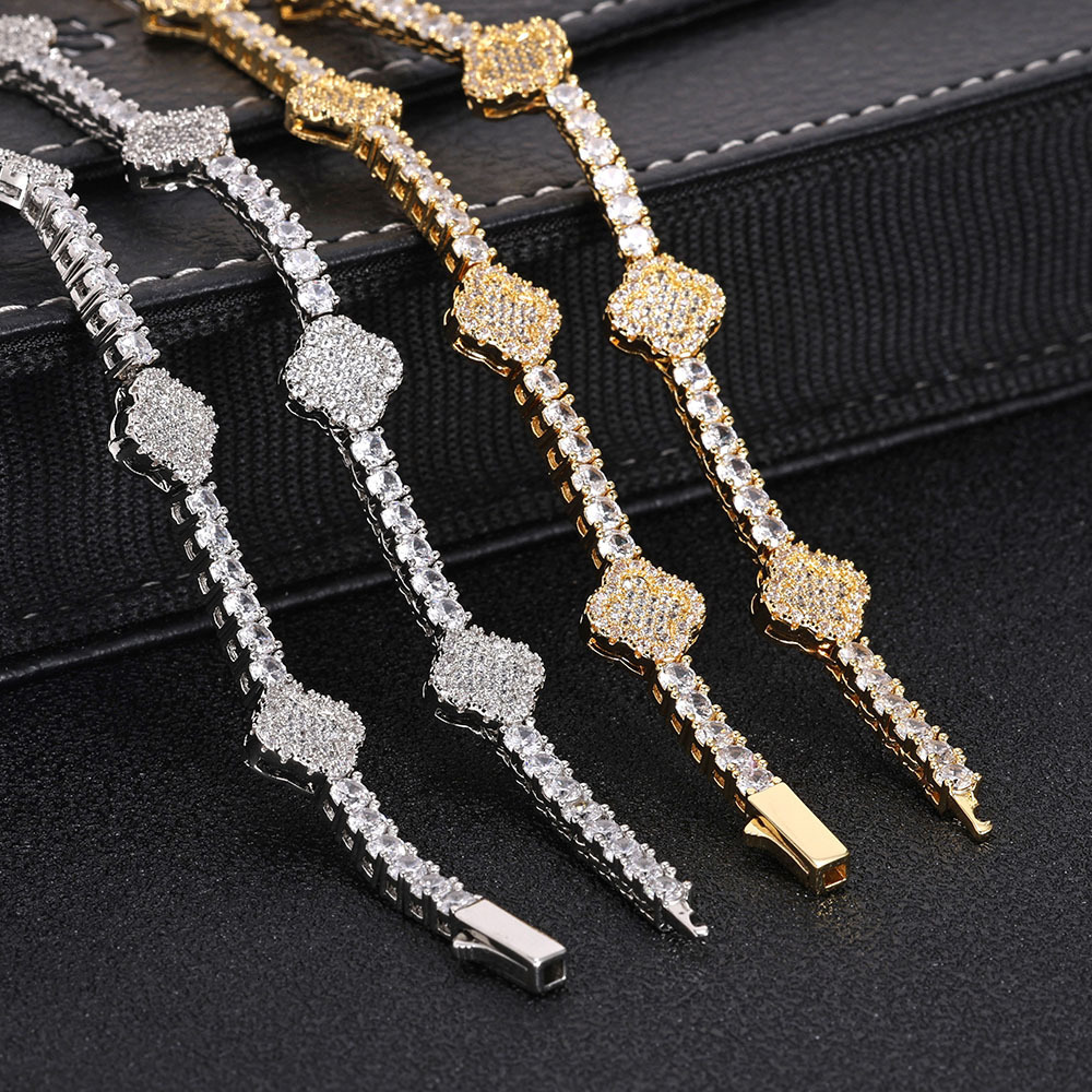 Hip hop spring buckle Moissanite tennis chain clover mens bracelet accessories high-end accessories
