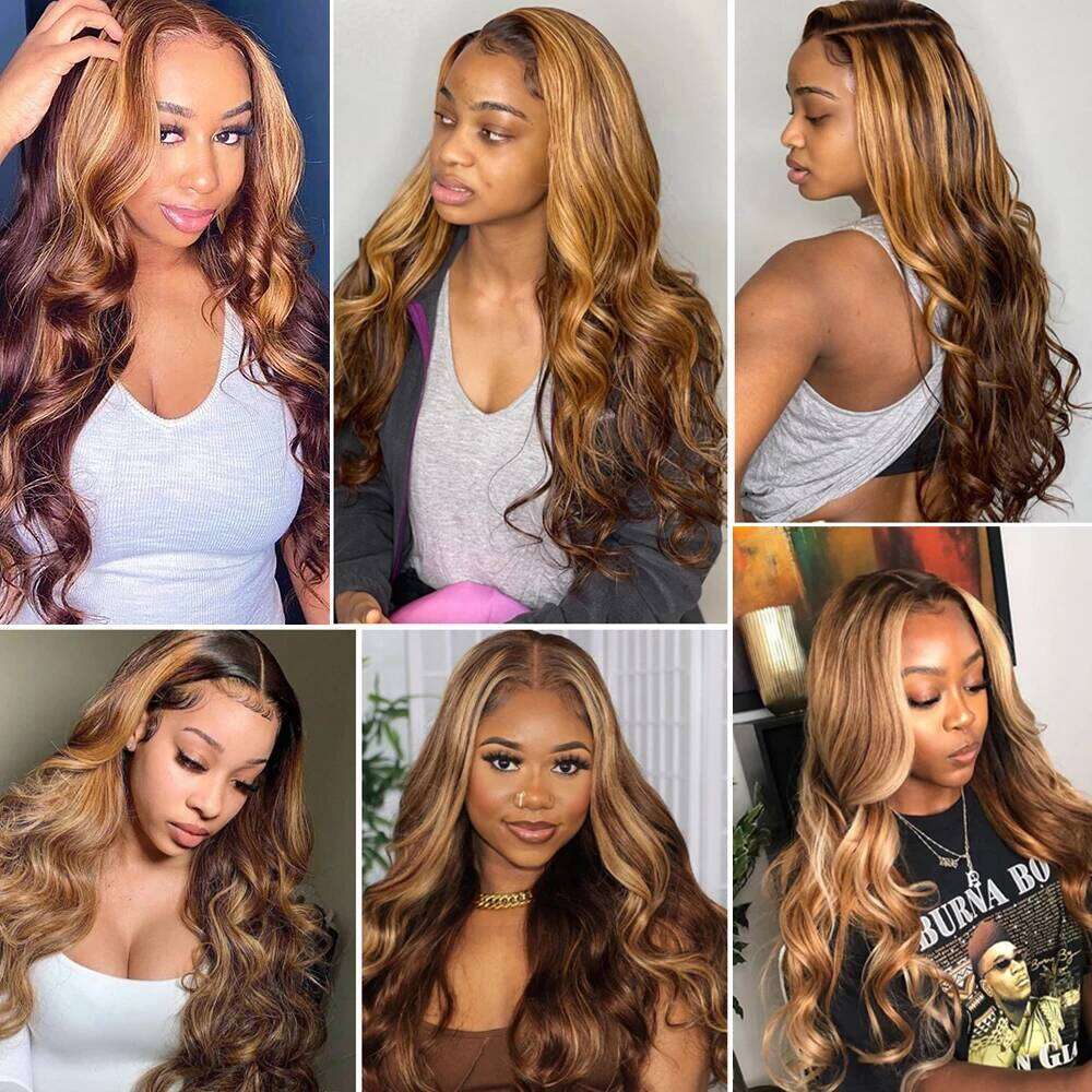 Highlight 100% Human Hair Ombre Brown Frontal Brazilian Bleached Wigs Woman Honey Blond Body Wave Lace Front Wig
