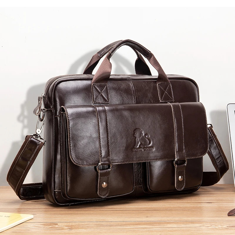 Genuine leather mens briefcase with double front pockets large capacity computer bag diagonal cross handbag 250603