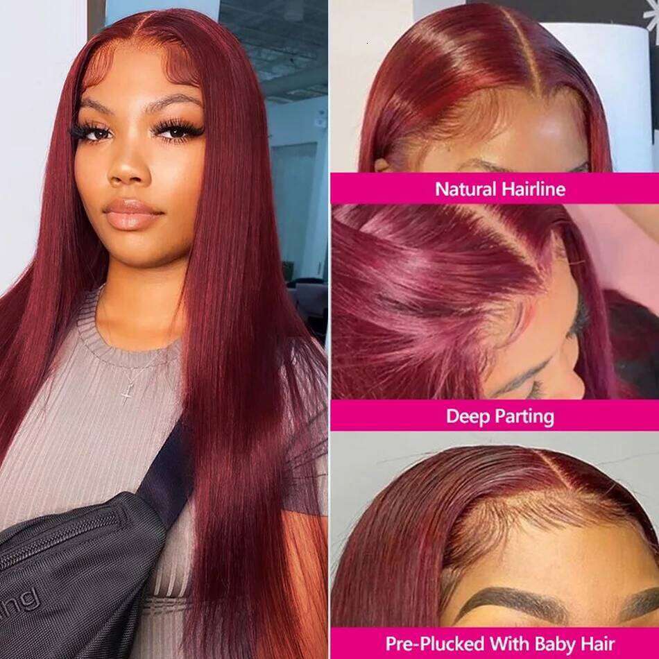 99J Bury 13x6 Colored HD Front Wigs PrePlucked Premium Red Peruvian Straight Lace Frontal Human Hair Wig