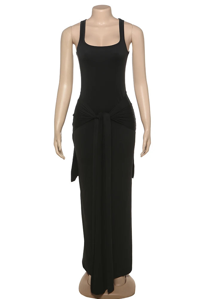 Weird Puss Casual Fashion Dress Women Summer Trend Square Collar Sleeveless Ruched Knot Daily Simple Comfortable Long Bodycon 250604