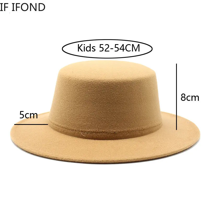 Autumn Winter Kids Felted Fedoras Hats for Boys Girls Solid Woolen Flat top Jazz Caps Childs Formal Dress Hats 250605