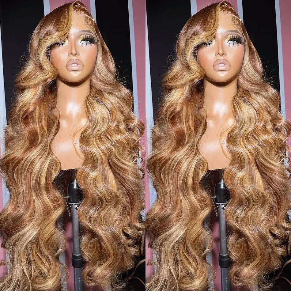 Highlight 100% Human Hair Ombre Brown Frontal Brazilian Bleached Wigs Woman Honey Blond Body Wave Lace Front Wig