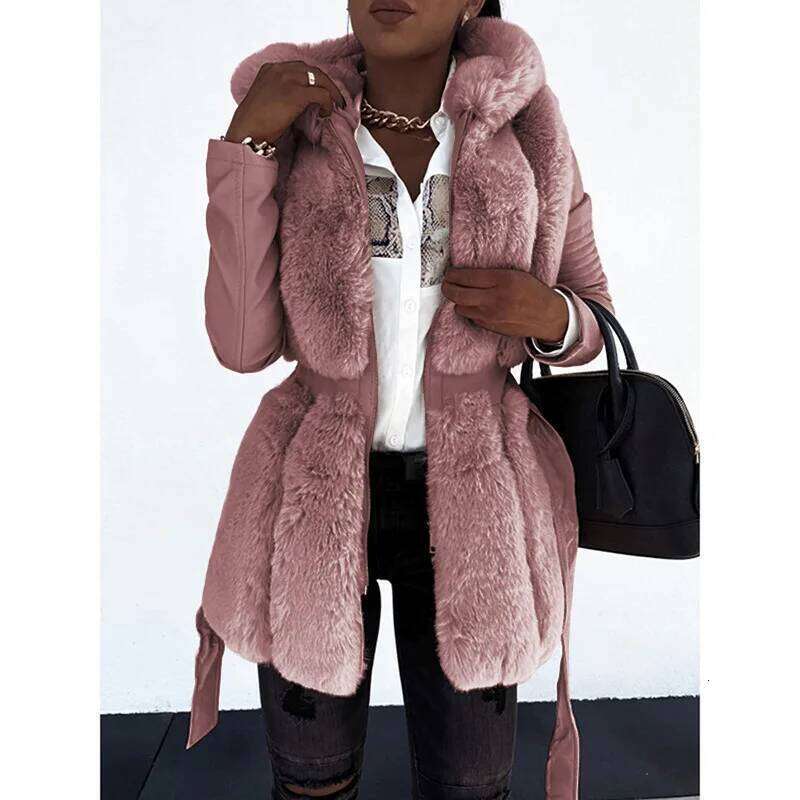 2023 New Autumn Winter Faux Fur Thick Long Hooded Zipper Women Warm Coat with Belt Casaco Feminino