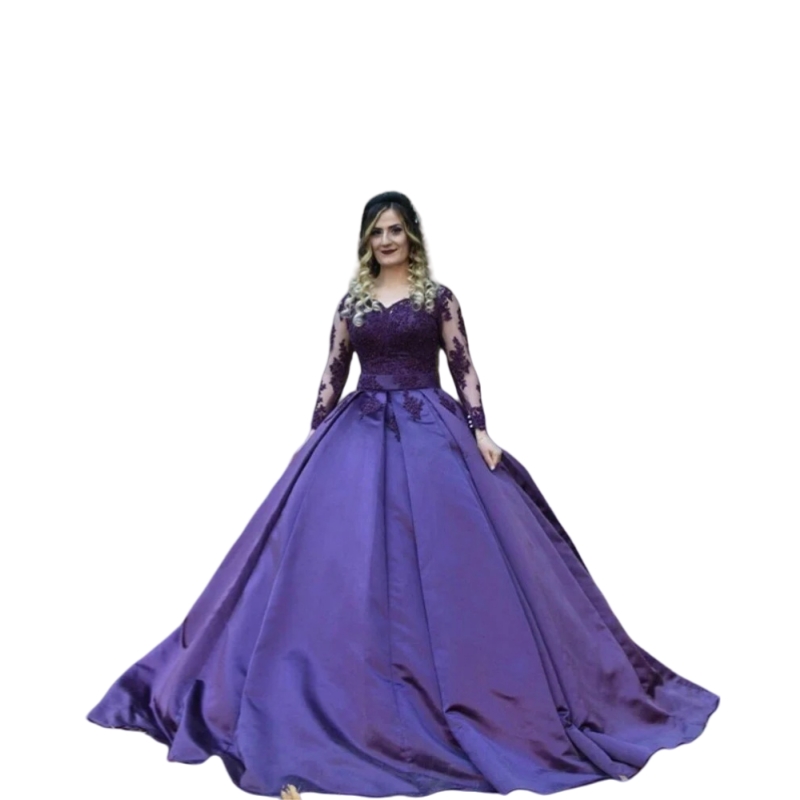 Elegant Purple Prom Dresses Long Sleeves Satin Ball Gown Reception Gown Lace Appliques Vintage Formal Events Dress 2025