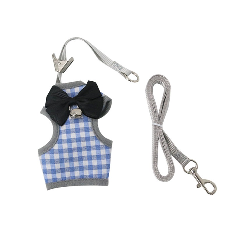 Plaid Pet Harness Leash Set Anti-Break Breathable Cat Dog Vest Harness with Bow Bell for Outdoor Walking