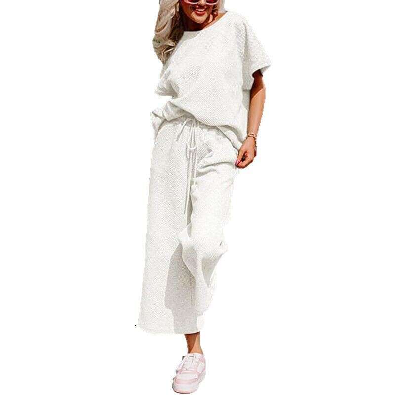 Autumn New Loose Simple Solid Color Casual Textured Drawstring Sports Two-Piece Set For Women B5