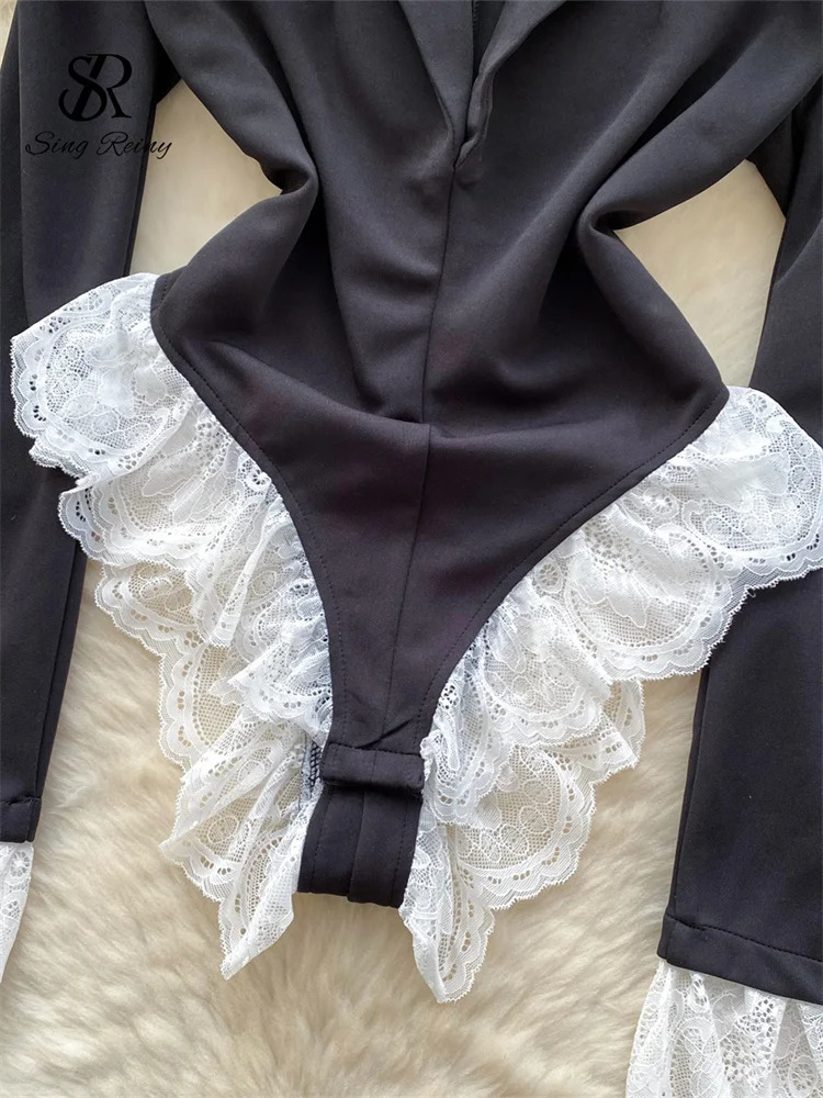 SINGREINY Female Lace Spliced OL Sexy Bodysuits Autumn Long Sleeve Slim Playsuits Women Streetwear Open crotch Fashion Rompers 250603