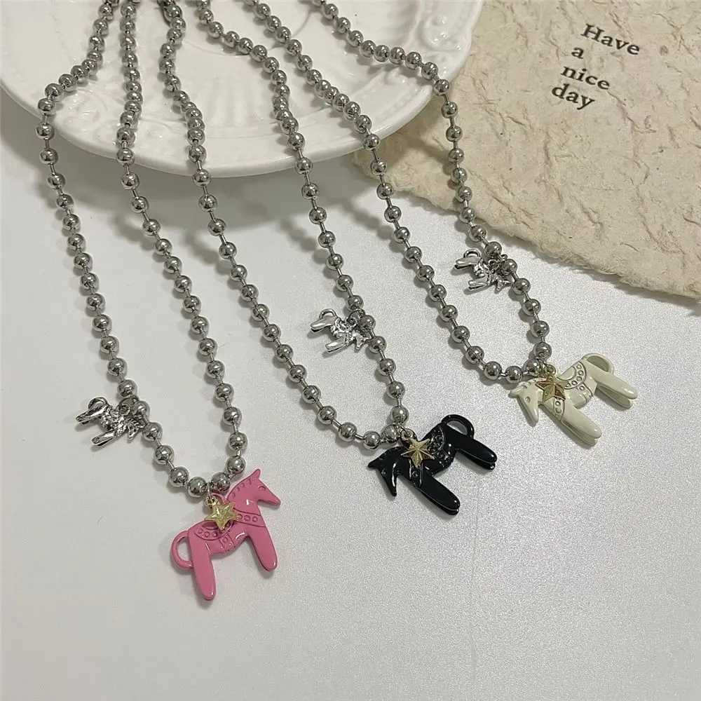 Funny Silver Plated Horse Pendant Necklace Alloy Black Choker Necklace White Hot Pink Enamel Pendant Necklace Beads Neck Chain XJ250604