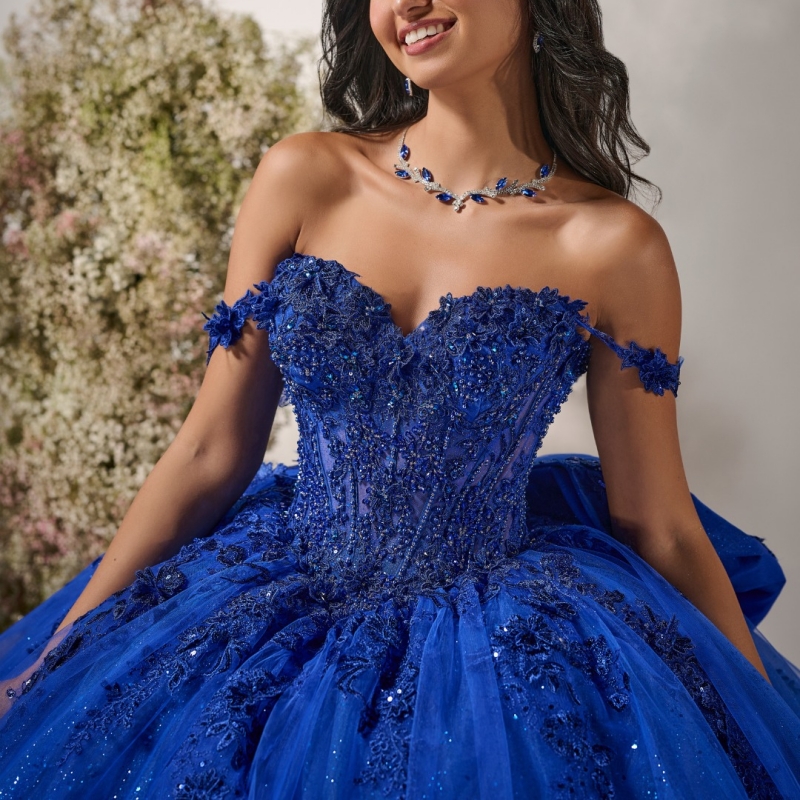 Royal Blue Quinceanera Dresses Birthday Party Ball Gown Lace Appliques Lace Beading Crystal Tull Off the Shoulder Vestidos De 15 Anos Sweet 16 Anos