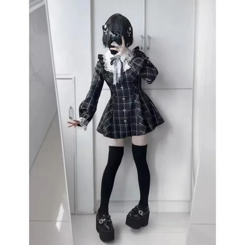 Harajuku Sweet Bow Black Plaid Dresses Allmatch Slim Fit Kawaii Lolita Dress for Women Autumn Long Sleeve Vestidos De Mujer 250526