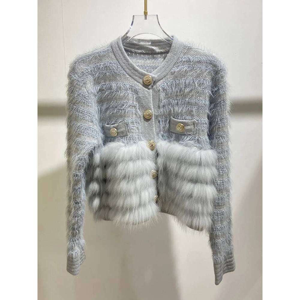 2024 Autumn Girl's Fashion Yellow Fox Cute Sweater Real Fur Spring Lovely Women Knitted Special Design Jacket Wear