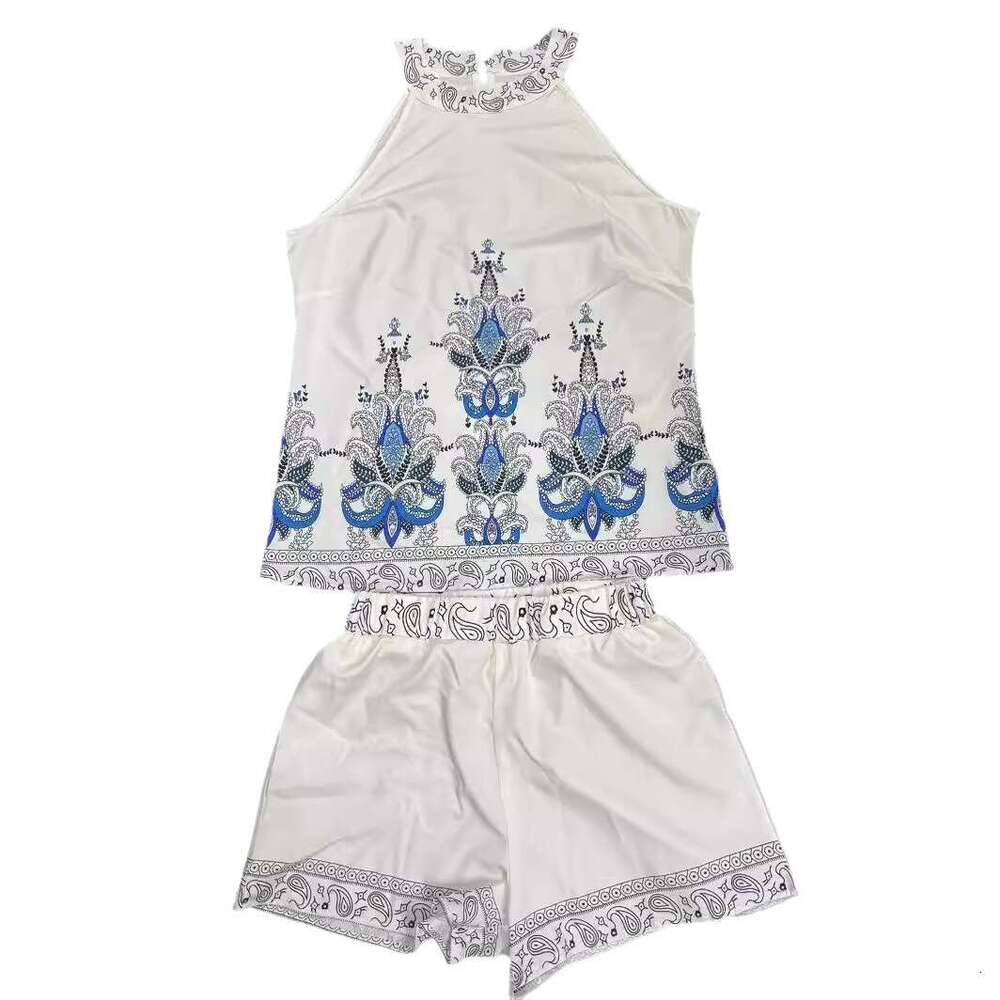 New Women's Summer Outfit Bohemian Floral Print Top And Shorts 2-Piece Set B5