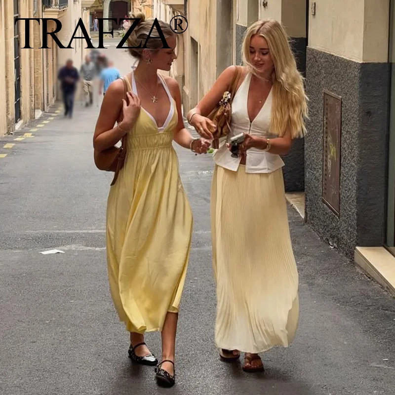 TRAFZA Woman Yellow Dress For Beach Party Midi Women Strapless Backless Drawstring Pleated Dresses Summer Vestidos 250604