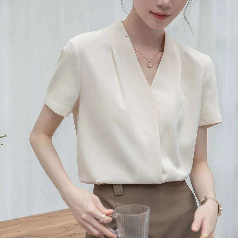 2025 Fashion Summer Short Sleeve V-Neck White Blouse Shirt Women Tops Blouses Shirts Blusas Para Mujer Camisas Xl86