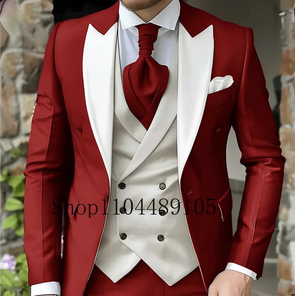 Mens Suit with Peak Lapel for Wedding Fashion Suits Tailored Three-piece Suit Pointed Collar 3 Pieces Blazer Vest and Pants Set 250530