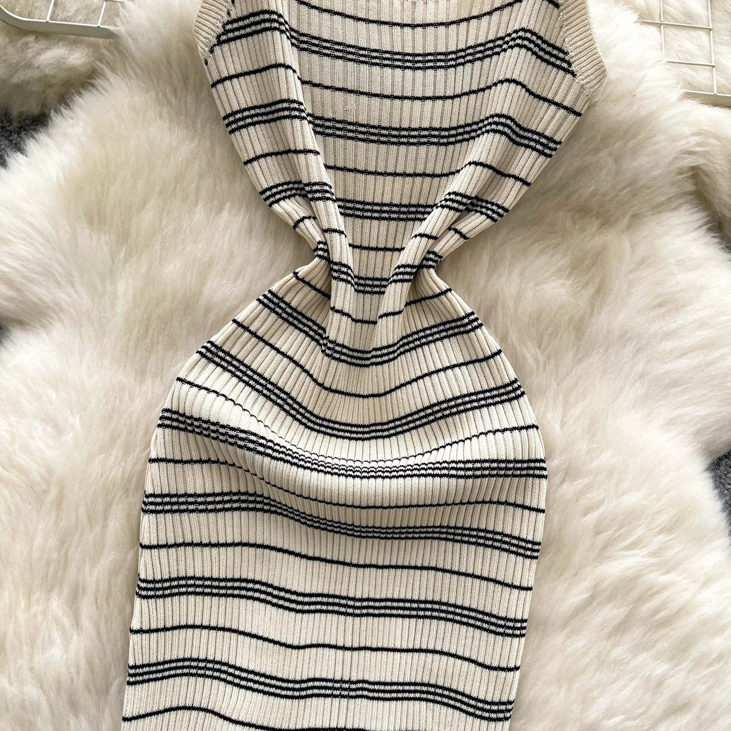 Chic Korean Summer Dresses for Women Vintage Striped Spaghetti Strap Femme Bodycon Knit Sweater Dress Vestidos De Mujer 250604