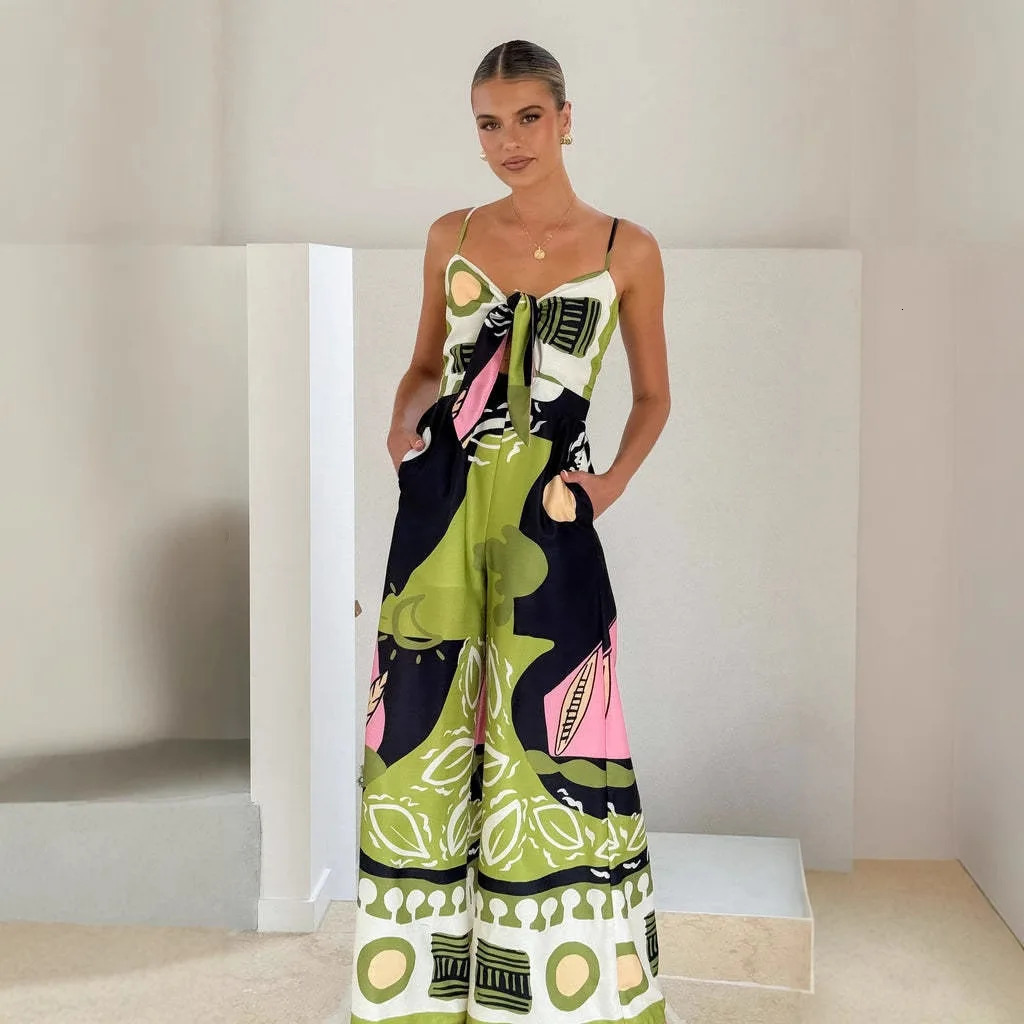 VEITCHE Summer Women Print Spaghetti Strap Jumpsuits Sexy Hollow Out Laceup High Waist Wide Legs Bohemian Vacation Jumpsuit 250604