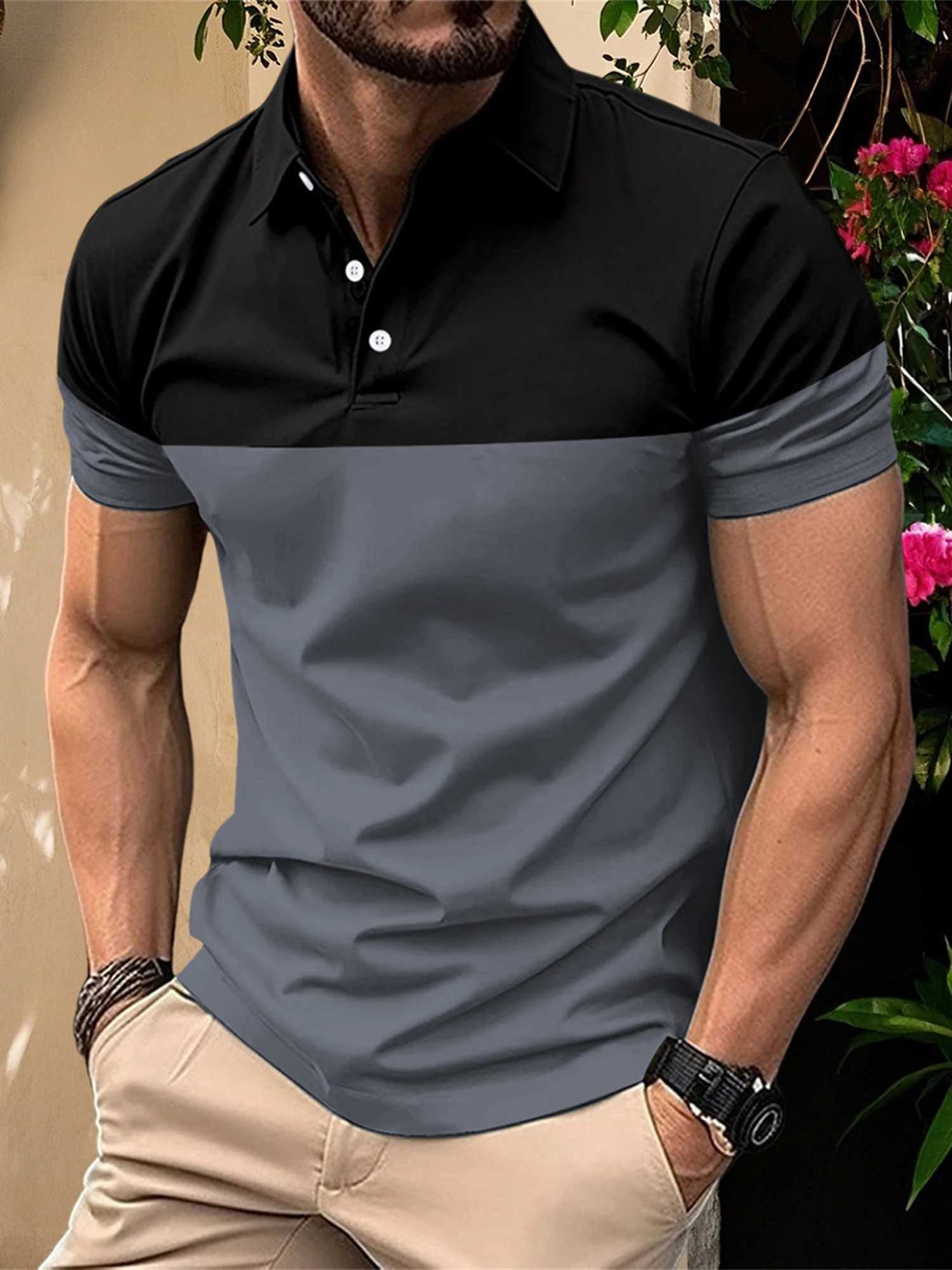 Casual Mens V Neck T-Shirt with Button Lapel and Stylish Contrast Color Design Perfect for Summer Outfits XJ250605