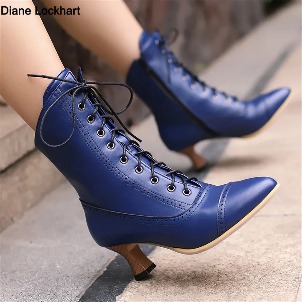 2025 Lace Up Ladies High Heel Shoes Strange Steampunk Boot Victorian Ankle Boots Women Pointed Toe Thick Soled Short Boots 250604