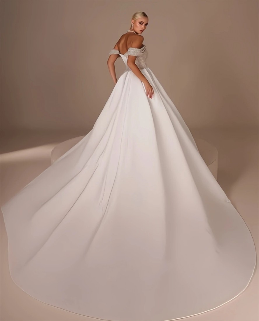 2025 Gorgeous Mermaid Wedding Dress Off The Shoulder Pleats Beadings Pearls Long Train Satin Church Bridal Bride Gowns Vestidos De Noiva