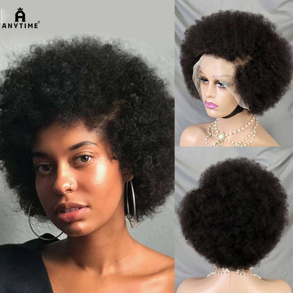 Front Short Afro Kinky Human Hair 250% Density 13x4 HD Lace Frontal Fluffy Curly Bob Wigs for Black Women
