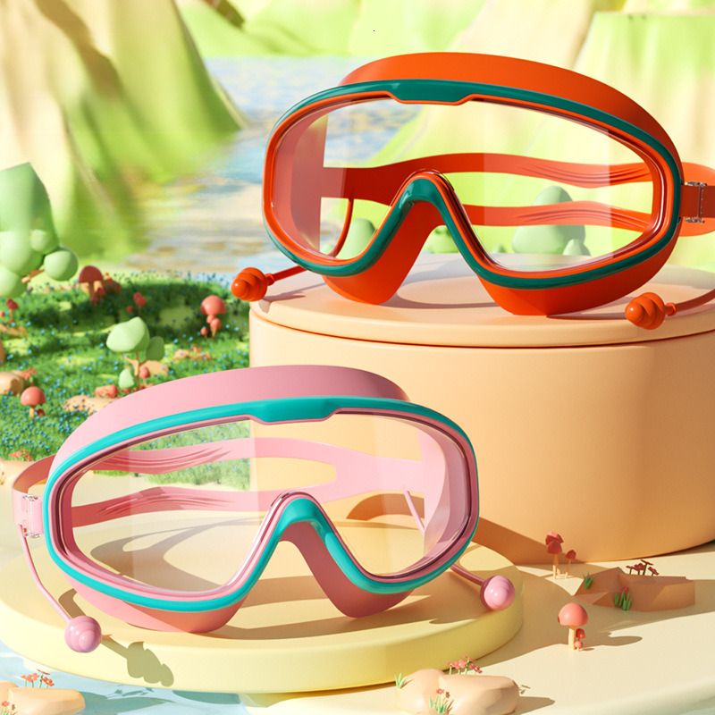 Children's Large Frame Swim HD Waterproof Anti-Fog Swimming Glasses for Students and Babies with Integrated Earplugs Diving Goggles