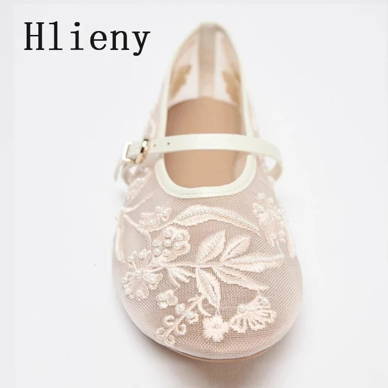 Hlieny Woman n Embroidery Flowers Pearl Mesh Round Tor Buckle Strap Ballet Flats Loafers Ladies Mary Jane Shoe Mules Sandal 250603