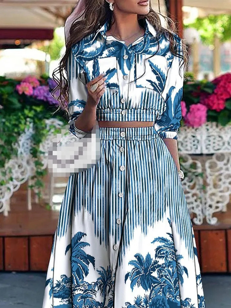 Womens Spring Summer Fashion Print Stand Up Collar Short Style With Exposed Waist Five Quarter Sleeve Top Enlarged Hem Skirt 250605Z