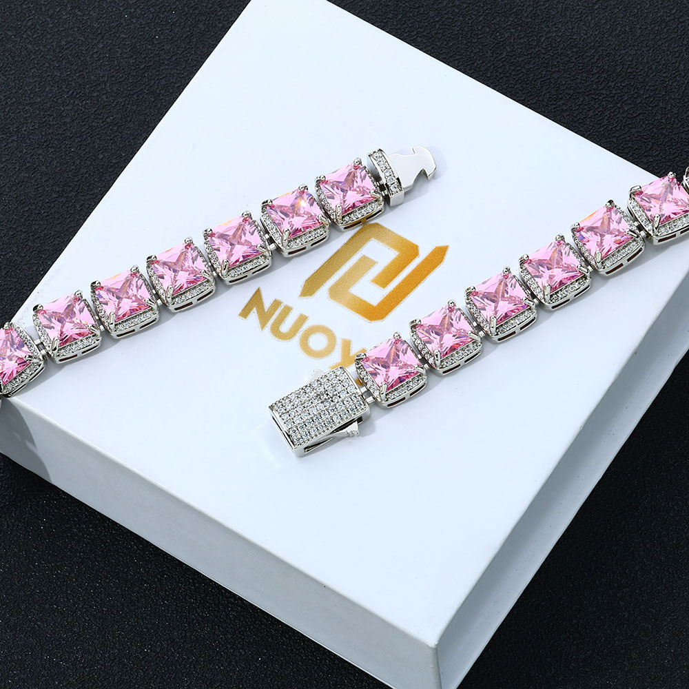 10mm Rock Candy Chain Pink Moissanite Bracelet Hip Hop Jewelry Versatile High-end Mens Bracelet