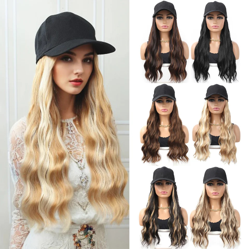 Baseball Cap With Curly Synthetic Hair Extensions For Women Long Water Wave Adjustable Hat Wig Wavy Hairstyle For Daily Use 250530