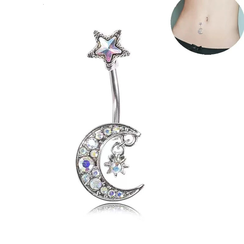 1pc Steel Dangle Belly Button Ring Moon Star Chain Navel Ring Piercing for Women Zircon Body Piercing Jewelry 250530