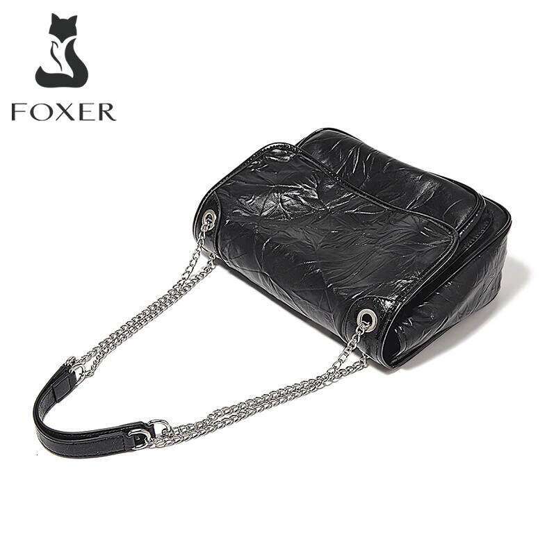 OLOEY FOXER Women Genuine Leather + PU Shoulder Handbag Classic Fashion Black Tote Chain Bag