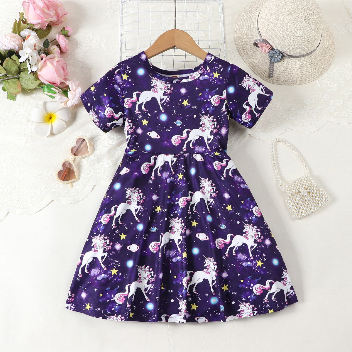 Summer Girl Cute Exclusive Beast Starry Sky Purple Full Print Round Neck Short Sleeve Waist Casual Dress for Baby Girls Cute Casual Fashion Dress Rand