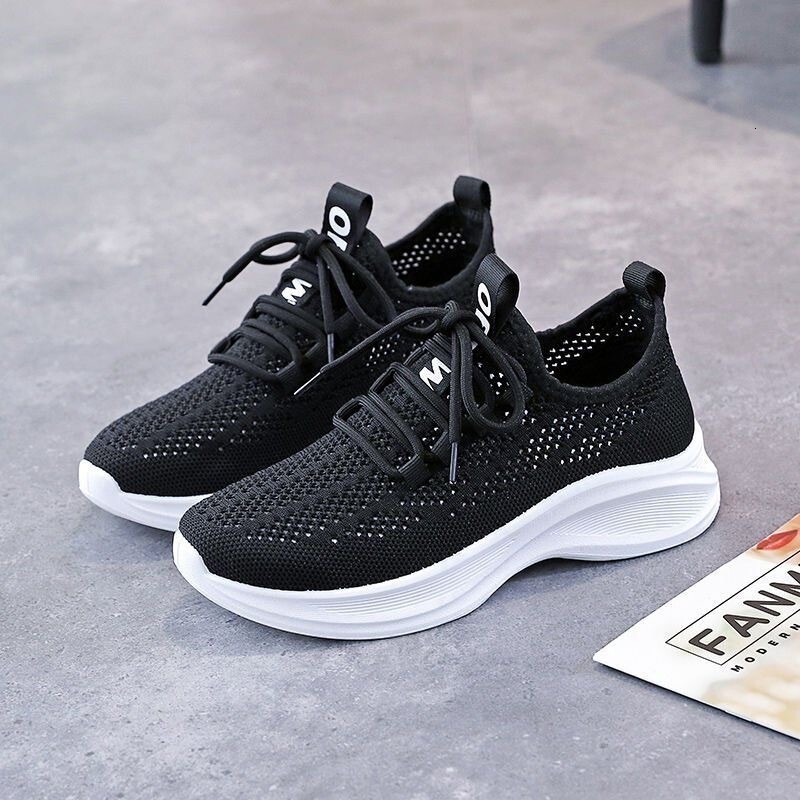 Flyknit Casual Shoes Women S Spring New Korean Style Mesh Breathable White Sneakers Outdoor Comfortable Simple Lightweight Thick Soled Sports Shoes Dd