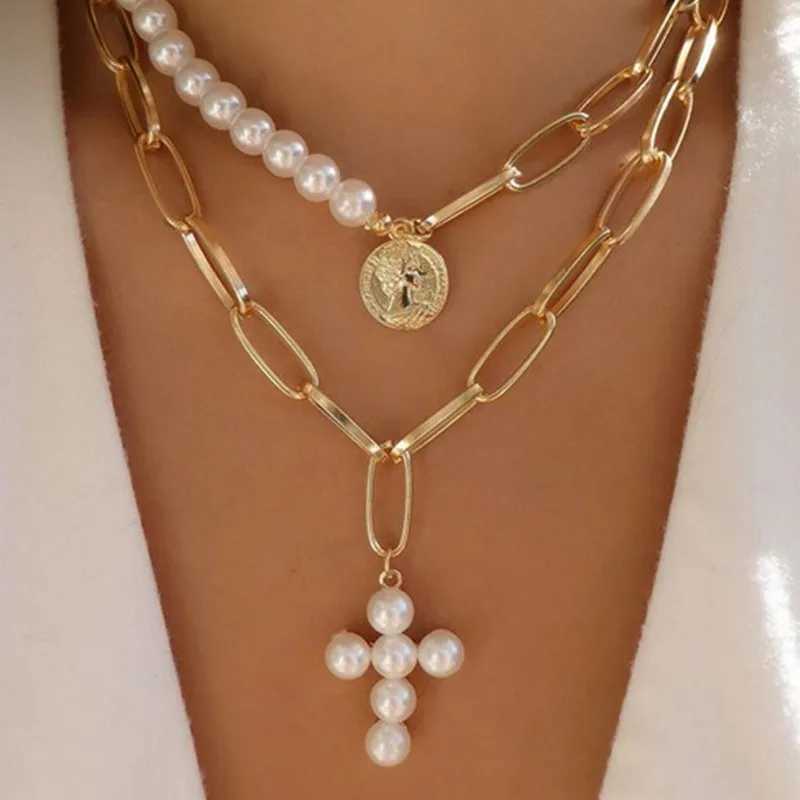 2025 Y2K Pearl Cross Pendant Necklace Hip Hop Retro Women Religious Zircon Chain Necklaces Girls Punk Party Trendy Jewelry Gifts XJ250604